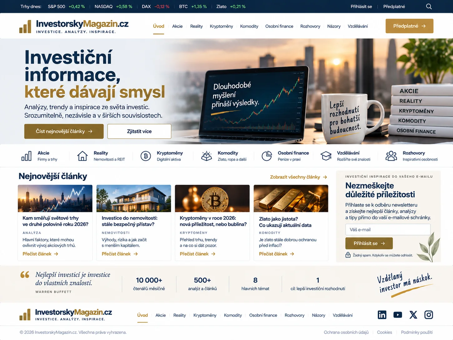 Ilustrační návrh InvestorskyMagazin.cz v tmavě modré a zlaté s články a tržními přehledy